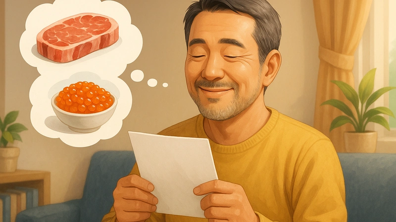 リビングのソファに座った中年男性が白い紙を手に持ち、頭の中に浮かぶ肉といくらの料理を思い出しながら、うれしそうにほほ笑んでいる様子の画像。