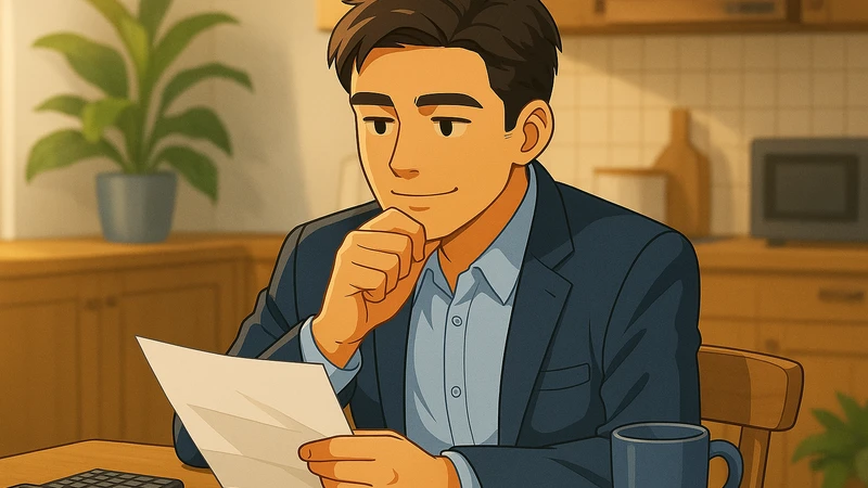 住民税の書類らしき紙を片手に持ち、自宅のキッチン横のダイニングテーブルでマグカップや電卓に囲まれながら、少し安心した表情で考えているスーツ姿の男性が描かれている。