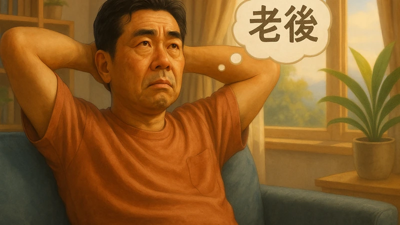 夕方の光が差し込むリビングで、青いソファに座った日本人の中年男性が両手を頭の後ろで組み、天井を見上げながら老後の生活を考え込んでいる様子、横にカーテン越しの窓と外の緑、窓辺の観葉植物、背後に本棚がある室内風景