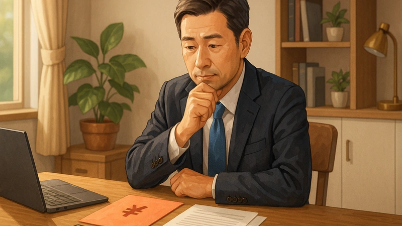 落ち着いた雰囲気の書斎でスーツ姿の中年男性が木のデスクに座り、ノートパソコンと電卓、円マークが描かれた封筒と書類を前に、退職前に退職金の最終チェックをしている様子のイラストです。