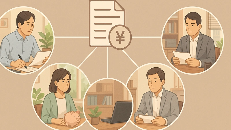 中央に円マーク付きの書類アイコンがあり、そこから線でつながる5つの丸い枠の中に、書類を読む男女やノートパソコン、貯金箱などが描かれ、退職金制度のいろいろな受け取り方や仕組みが枝分かれしている様子を表したイラストです。