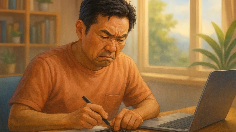 夕方の光が差し込むリビングの木の机で、日本人の中年男性が白い紙の上に計算機を置き、眉間にしわを寄せてキーを叩きながら金額を確認している様子、横には開いたノートパソコンとマグカップ、背後に本棚と観葉植物が見える室内風景