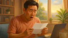 夕方の光が差し込むリビングのテーブルで、ノートパソコンの横に座る日本人の中年男性が白い紙を両手で持ち、書かれた金額の高さに目を見開いて驚いている様子