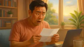 夕方の光が差し込むリビングのテーブルで、ノートパソコンの横に座る日本人の中年男性が白い紙を両手で持ち、書かれた金額の高さに目を見開いて驚いている様子
