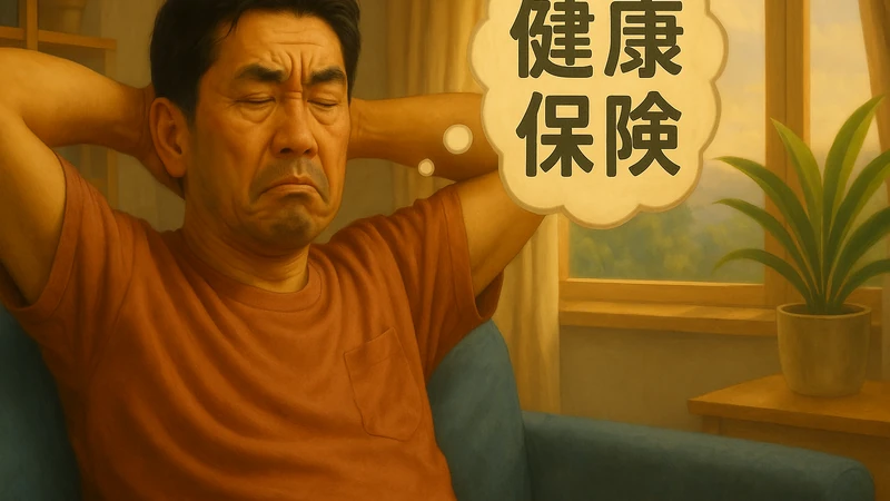 夕方の光が差し込むリビングで、青いソファに座った日本人の中年男性が両手を頭の後ろで組み、眉間にしわを寄せて健康保険の負担を思い浮かべて考え込んでいる様子、横にカーテン越しの窓と外の緑、窓辺の観葉植物、背後に本棚がある室内風景