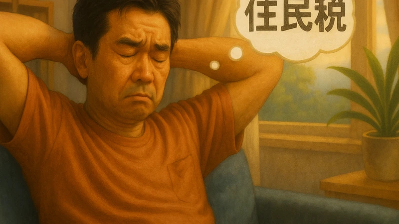 夕方の光が差し込むリビングで、青いソファに座った日本人の中年男性が両手を頭の後ろで組み、眉間にしわを寄せて住民税の負担を思い浮かべて考え込んでいる様子、横にカーテン越しの窓と外の緑、窓辺の観葉植物、背後に本棚がある室内風景