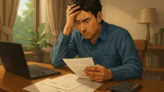 退職後の生活を考えながら、40代の日本人が自宅のリビングのテーブルで国民年金の払込票や通帳、ノートパソコン、電卓などを広げてお金の計算をしている様子。