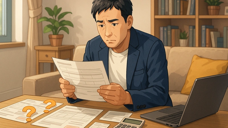 退職後の年金について考えながら、40代の日本人男性が自宅のリビングのテーブルで国民年金のお知らせの封筒や払込票、カレンダーを表示したノートパソコン、電卓などを広げて悩んでいる様子。