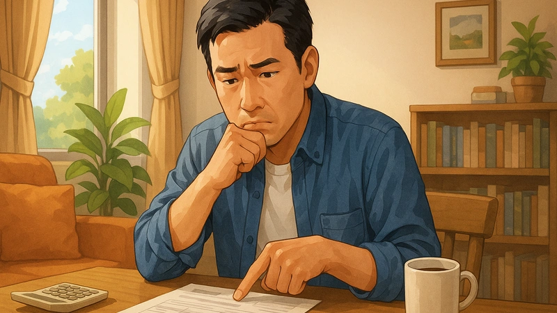 退職後の国民年金をできるだけお得に払おうと、40代の日本人が自宅のテーブルで国民年金の払込票やカレンダー、電卓、貯金箱を並べて2年前納と付加年金の金額を計算している様子。