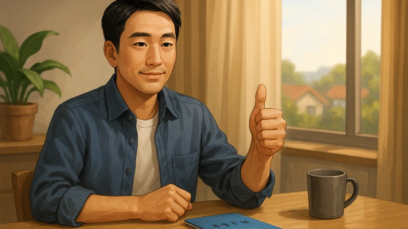 退職後の国民年金の手続きと2年前納・付加年金の支払いを終え、40代の日本人男性が自宅のテーブルに年金の書類やスタンプ済みの払込票、カレンダー、電卓、貯金箱を並べて安心した表情で座っている様子。