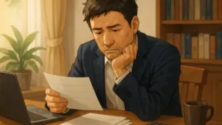 退職後の住民税の請求書らしき書類を見つめて不安そうな表情を浮かべる中年男性が、自宅のテーブルでノートパソコンや電卓と一緒に座っている様子。