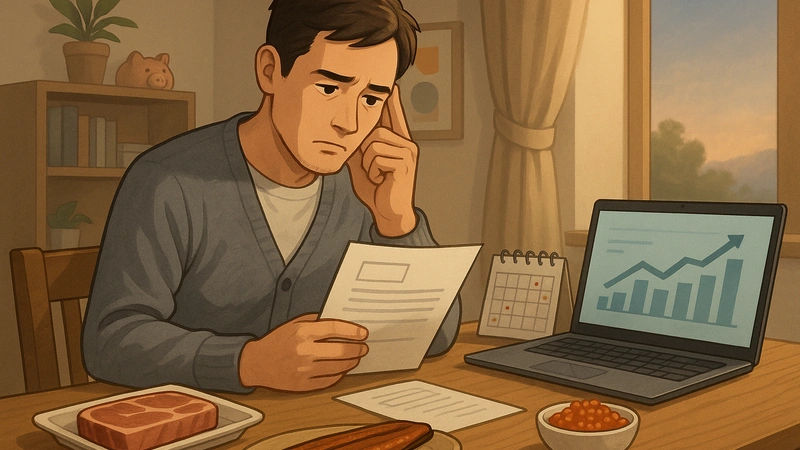 ダイニングテーブルで住民税の書類を見つめながら、ノートPCのグラフや卓上カレンダー、ふるさと納税の返礼品の肉やうなぎやいくらに囲まれて、退職後の支払いについて夕方の柔らかい光の中で考え込む男性のイラスト。