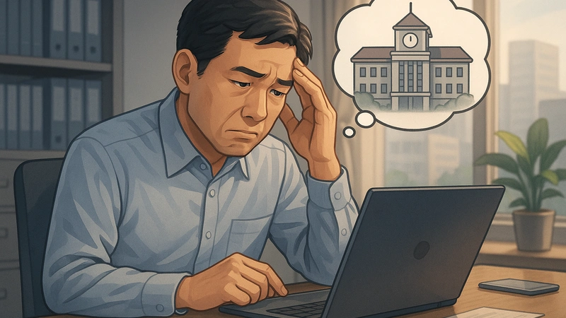 会社のデスクでパソコン画面を見つめながら、市役所の建物を思い浮かべて住民税のことに悩んでいる中年男性が描かれている画像。