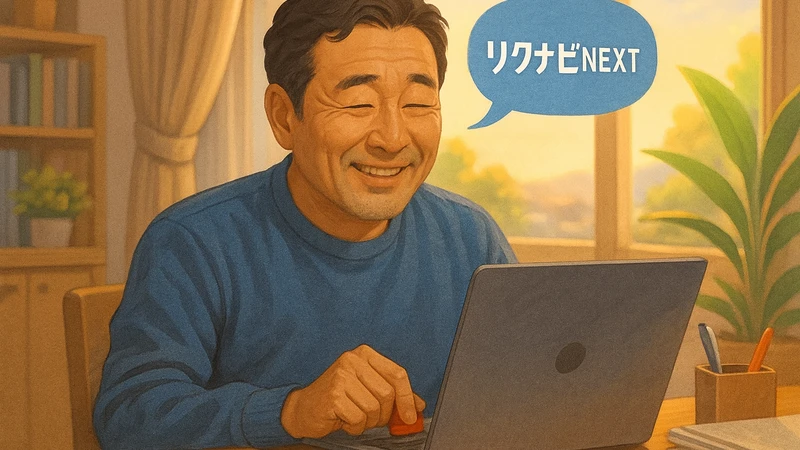 明るい室内のデスクで中年男性がノートパソコンに向かって笑顔で操作しており、頭の横の吹き出しに「リクナビNEXT」の文字が浮かんでいる様子のリアル寄りデジタルイラスト