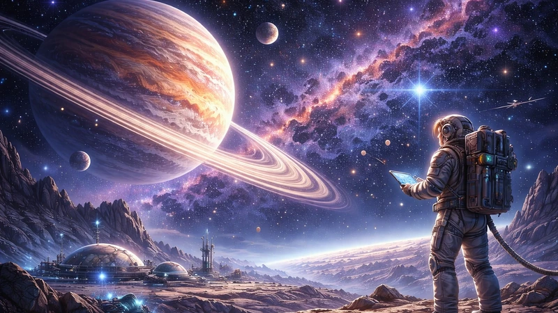 岩肌が露出した荒涼とした月面の基地跡のそばで宇宙飛行士が青く光る端末を手に立ち、空には巨大な環を持つ惑星と複数の衛星が浮かび、紫青の星雲と無数の星が広がる宇宙空間