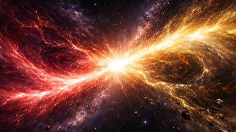 暗い宇宙空間の星々と淡い星雲を背景に、左側で赤みを帯びた渦状のオーラが火花のような光を散らし右側で黄金色がかったオーラが稲妻の筋を走らせながら押し寄せ、中央で白い閃光を伴って激しくぶつかり周囲に細かな光の粒と漂う岩片が飛び散る光景