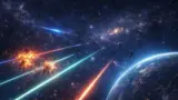 無数の星が広がる宇宙空間で、青や緑や赤のビームが斜めに交差し、遠景で2機が爆発して火花と破片を散らす一方、さらに離れた位置に小さな機影が3機ほど漂い、画面の端には青い惑星の曲線が淡く見えている場面