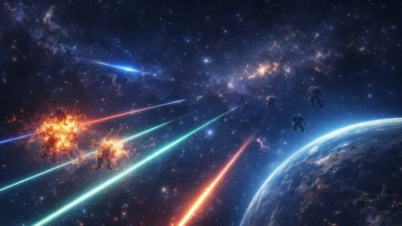 無数の星が広がる宇宙空間で、青や緑や赤のビームが斜めに交差し、遠景で2機が爆発して火花と破片を散らす一方、さらに離れた位置に小さな機影が3機ほど漂い、画面の端には青い惑星の曲線が淡く見えている場面