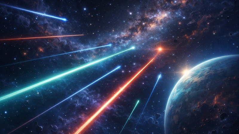 濃い宇宙空間に無数の星が散り、淡い星雲が広がる背景の中を青や緑や赤のビームが斜めに何本も交差しながら伸び、右下には地表の質感が見える青い惑星の縁が強い光で照らされている光景