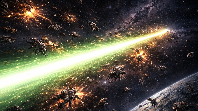 暗い宇宙空間の星々と薄い星雲を背景に、遠方から放たれた一本の太い緑色ビームが画面を斜めに貫き、その進路上で無数のモビルスーツが次々と爆発して火花と破片が広がり、遠目の視点でビームの光が周囲の機体群を照らし下側には惑星の曲面がかすかに見える光景