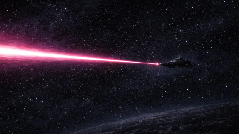 漆黒の宇宙に無数の星が散り、画面左端から伸びた巨大な光のビームが遠方の小さな戦艦へ向かって一直線に走り、命中する手前で光が細く消えていく緊迫した光景