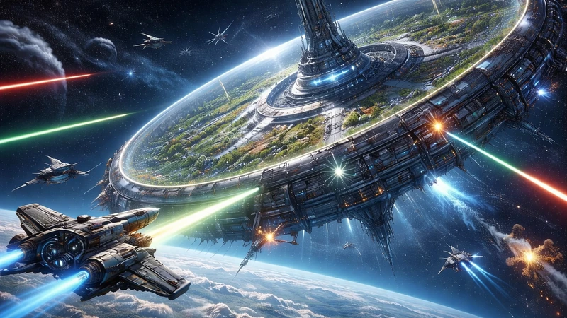 星空を背景に巨大なスペースコロニーが斜めに浮かび、外周の構造物の周りを戦闘機が高速で飛び交いながら赤や緑のビームが数本交差し、各所で小さな爆発の閃光が散ってコロニー内部の緑地と都市の灯りがかすかに見える光景