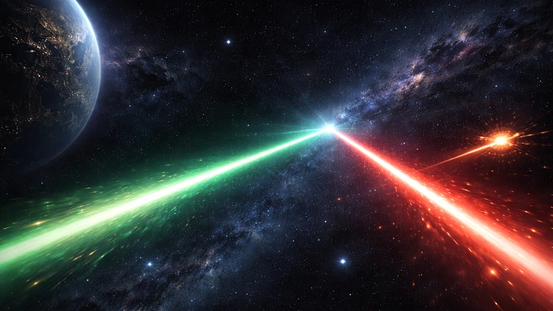 暗い宇宙空間の星々と淡い天の川を背景に、遠方から放たれた緑と赤のビームが斜めに伸びて中央で激しく交差し、交点の白い閃光と火花が周囲を照らし左端には夜側の街明かりが見える惑星の縁が浮かぶ光景