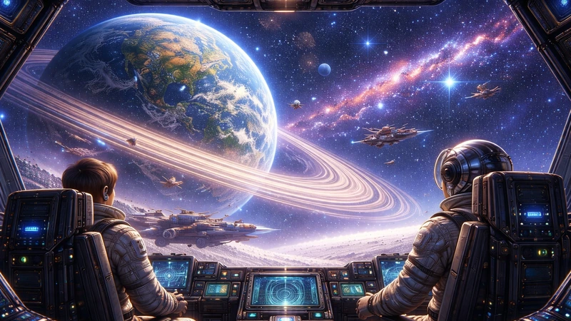 未来的な宇宙船のコックピットで2人の宇宙飛行士が窓外を見つめ、眼前には海と大陸が見える巨大な環付き惑星が浮かび、星雲の帯と無数の星の中を複数の小型宇宙船が行き交う宇宙空間