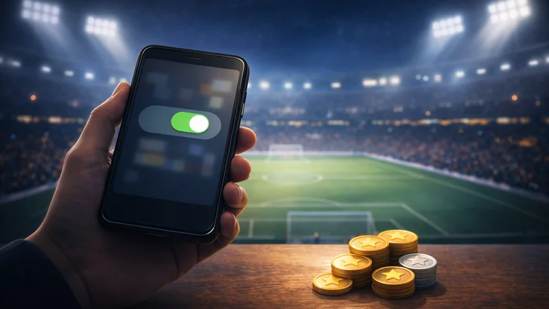 夜のサッカースタジアムの照明をぼかした背景に、手前で自動購入のスライダー表示だけがあるスマホを手に持ち、横にポイントを連想させるコインが積まれている構図