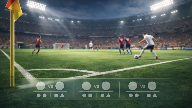 ナイターの満員スタジアムでコーナーフラッグ付近の芝とラインが手前に広がり、選手がボールを蹴ろうとする場面に半透明の勝敗予想カードUIが下部に重なるイメージ