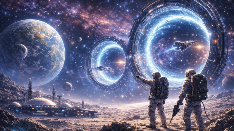 岩だらけの月面基地の前に2人の宇宙飛行士が立ち、青白く輝く巨大なリング状ゲートが2基浮かぶ宇宙空間へ視線を向け、ゲートの中心を小型宇宙船が通過し、左には地球と月が並び背後に星雲と無数の星が広がる光景