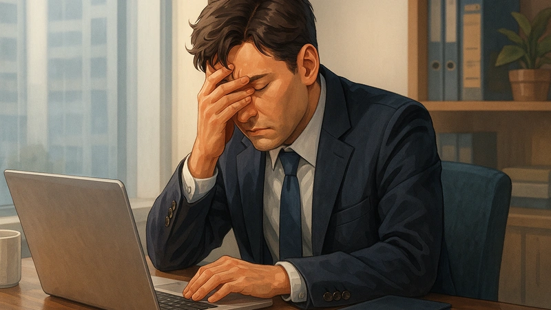 大きな窓からビル群がぼんやり見えるオフィスで、木目のデスクにノートパソコンと白いマグカップ、黒い手帳が置かれ、スーツ姿のサラリーマンが片手で顔を覆いながら画面を見つめて深くうつむんでいる様子