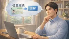 日差しが入る部屋のデスクで、ノートPCとコーヒーカップの横に座った日本人の中年男性が顎に手を当てて考え込み、頭上の吹き出しに任意継続から国民健康保険へ切り替えるイメージを矢印で示している場面