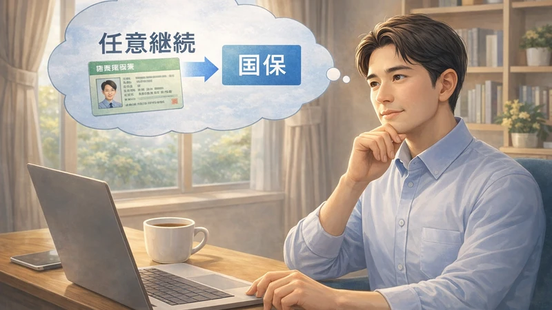 日差しが入る部屋のデスクで、ノートPCとコーヒーカップの横に座った日本人の中年男性が顎に手を当てて考え込み、頭上の吹き出しに任意継続から国民健康保険へ切り替えるイメージを矢印で示している場面
