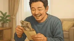 明るいリビングの木のテーブルに中年男性が座り、観葉植物や棚に囲まれた落ち着いた部屋の中で、失業保険でもらったお金の入った封筒を両手で開けながらうれしそうに微笑んでいる様子のリアル寄りデジタルイラスト