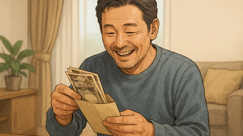 明るいリビングの木のテーブルに中年男性が座り、観葉植物や棚に囲まれた落ち着いた部屋の中で、失業保険でもらったお金の入った封筒を両手で開けながらうれしそうに微笑んでいる様子のリアル寄りデジタルイラスト