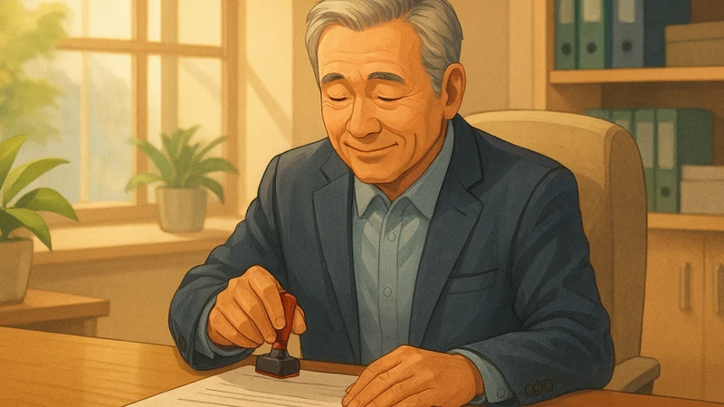明るいオフィスのデスクで優しそうな年配の男性が椅子に座り、目の前の書類に丸いハンコを押しながら横に積まれた書類やペン立てに囲まれて穏やかに微笑んでいる様子のリアル寄りデジタルイラスト