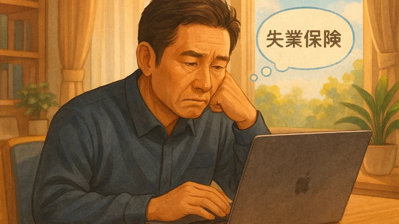 明るい室内の木のテーブルで中年男性が会社のノートパソコンの画面を難しい表情で見つめ、背後の本棚や観葉植物に囲まれた中で頭の横の吹き出しに「失業保険」と浮かんでいる様子のリアル寄りデジタルイラスト