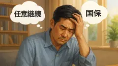 日差しの入る部屋の机で日本人の中年男性が片手で頭を抱えてうつむき、吹き出しに「任意継続」と「国保」の文字が浮かぶ様子、背後に本棚とカーテンのかかった窓と観葉植物があるリアル寄りのデジタルイラスト