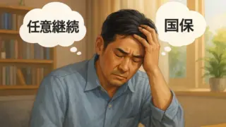 日差しの入る部屋の机で日本人の中年男性が片手で頭を抱えてうつむき、吹き出しに「任意継続」と「国保」の文字が浮かぶ様子、背後に本棚とカーテンのかかった窓と観葉植物があるリアル寄りのデジタルイラスト