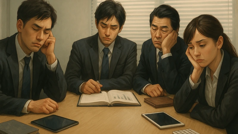 ブラインド越しの昼光が差し込む会議室で、木目の会議テーブルを囲んだスーツ姿の男女4人が、手帳や資料、タブレットが置かれたまま頬杖をついたり目を伏せたりして退屈そうに会議を聞いている様子