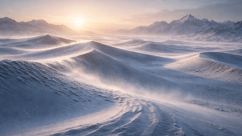 雪がうっすら積もった砂丘が風で削られて波打ち、低い冬の太陽の光が長い青い影を落とし、砂雪が舞う地平線の向こうに荒涼とした山並みがかすむ真冬の砂漠の風景