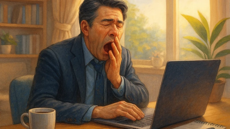 午後の柔らかい日差しがカーテン越しに差し込む部屋で、スーツ姿の中年男性が木のデスクに肘をつき、ノートPCに向かいながら手で口元を覆って大きくあくびをしている様子