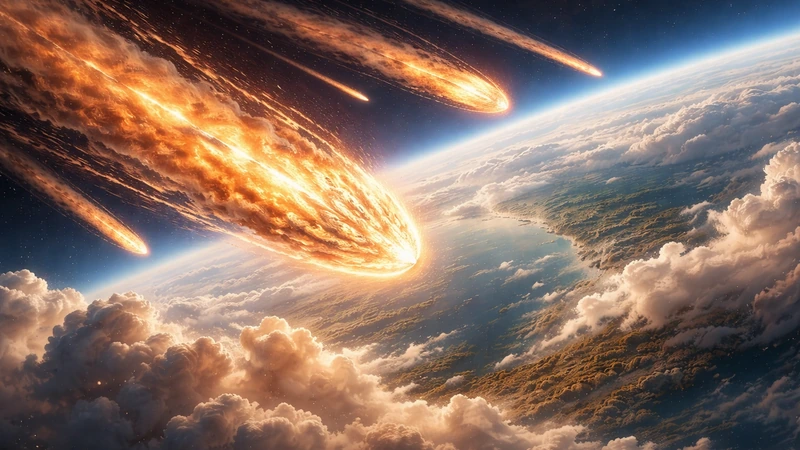 地球の曲線と青い海を背景に、雲海の上へ複数の火球が長い炎の尾を引いて大気圏へ突入し、空の縁には星空が残る迫力ある光景