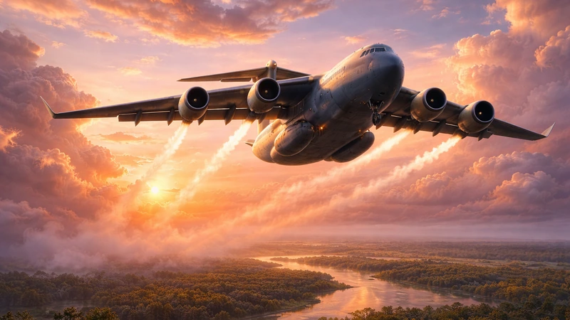 夕焼けの雲が赤く染まる空を背景に、巨大な輸送機が低空でこちらへ迫り、エンジンの排気が白い尾を引きながら下方の川と森林に金色の光が差し込む光景