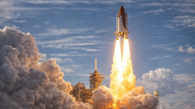 発射台から宇宙へ向けてシャトルが上昇し、白い機体の下から眩しい炎が噴き上がって巨大な煙雲が地上を覆い、遠景には青い空と薄い雲、海岸線が広がる迫力の瞬間