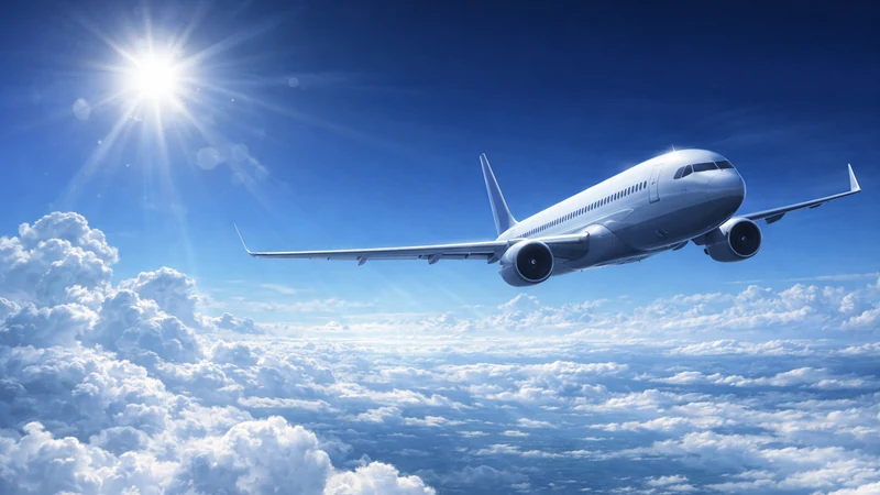 深い青空と強い日差しの下、雲海の上を白い旅客機が滑るように巡航し、光の筋とレンズフレアが広がる開放的な空撮風シーン