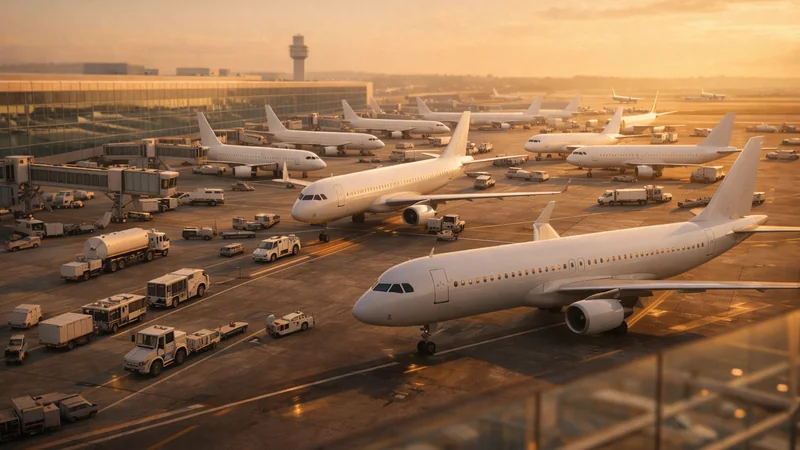 夕方の暖色光に照らされた空港エプロンを高所から見下ろす構図、複数の旅客機がボーディングブリッジでゲートに並び、手荷物カートや牽引車などの地上車両が行き交い、ガラス張りターミナルに反射が入り遠方に管制塔が見える風景