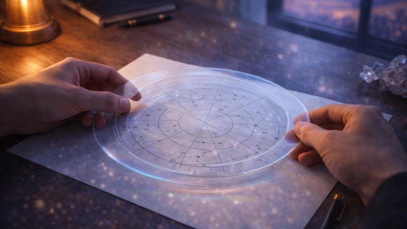 夕暮れの窓明かりと暖色ランプが混ざるデスクで両手が透明な円形オーバーレイを星図チャートの上に重ねて位置合わせし、机面に星の投影光が散って水晶が端に置かれた神秘的な占い作業の雰囲気