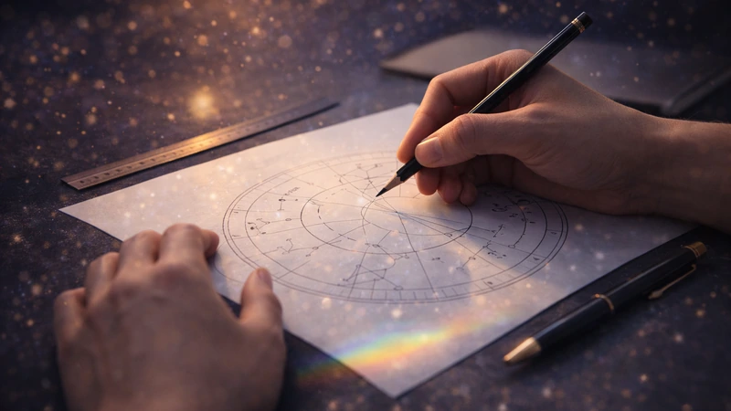 星の投影光が散る暗色デスク上で両手が円形の星座チャートに鉛筆で線を引き、左上に金属定規、右下に高級ペンが置かれ、紙の細かな線と点がはっきり見える神秘的な雰囲気